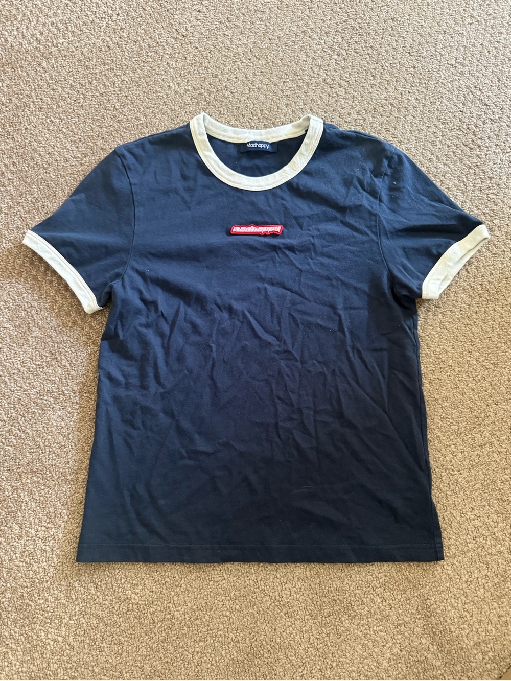 Madhappy Navy Blue Tee with White Trim and Red/Pink Logo